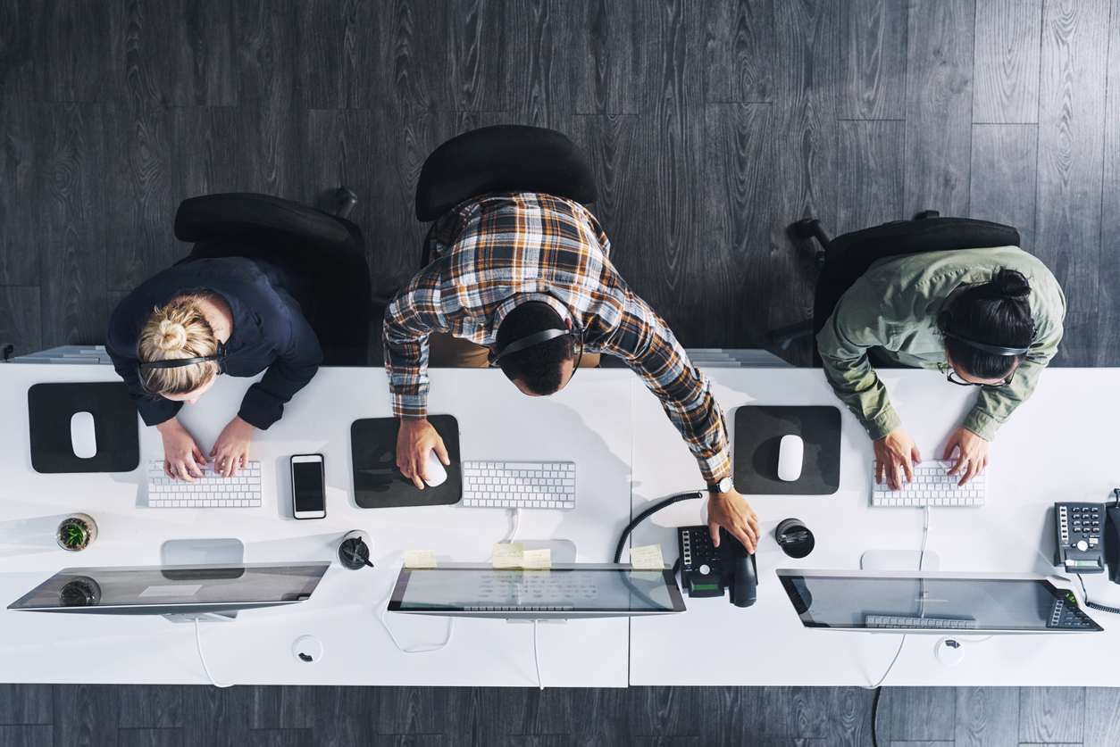 aerial shot of help desk employees