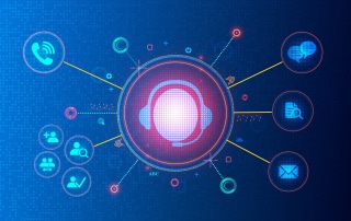 An abstract visualization of of an omnichannel contact center, showing icons representing various communication channels branching out from an icon of a call center agent.