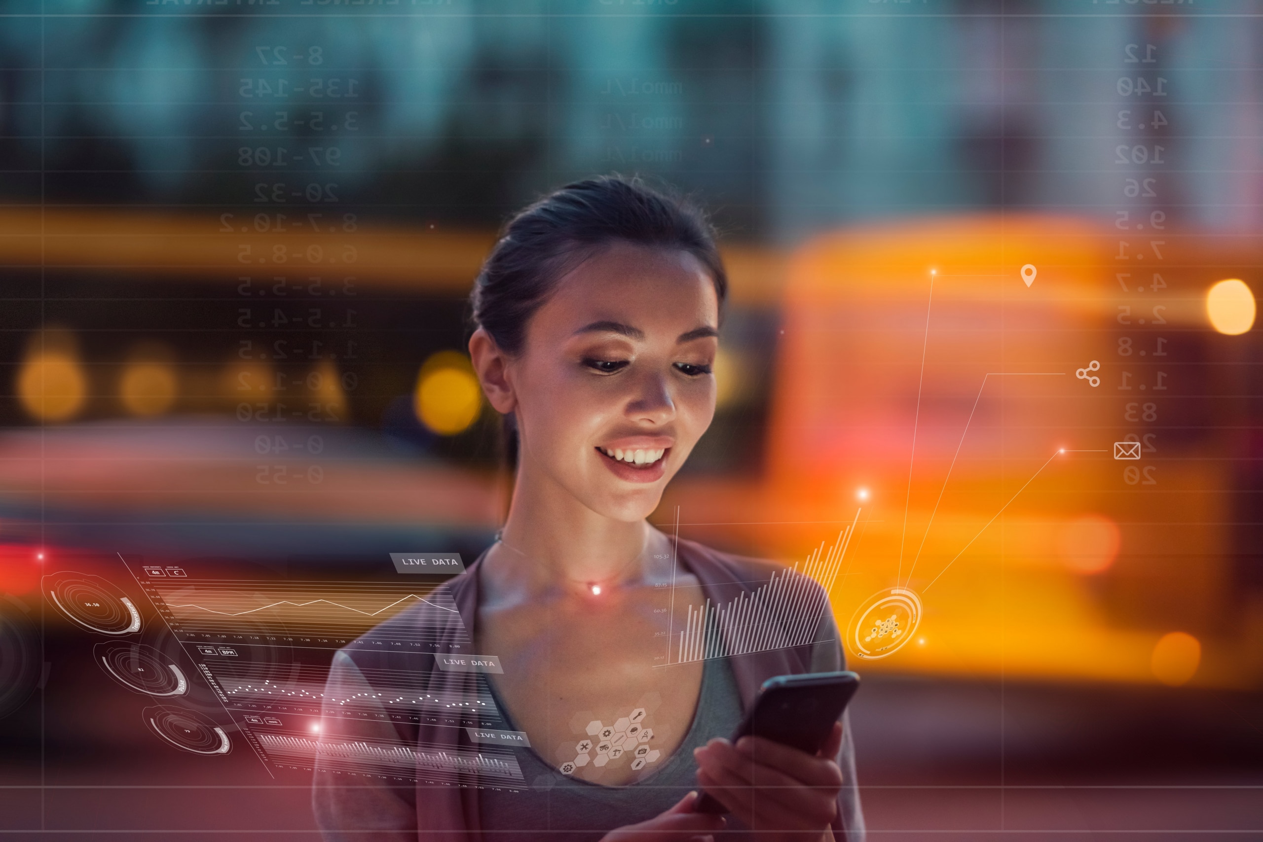 A young woman is using an innovative future technology to view her phone data and functions in a holographic display around her.