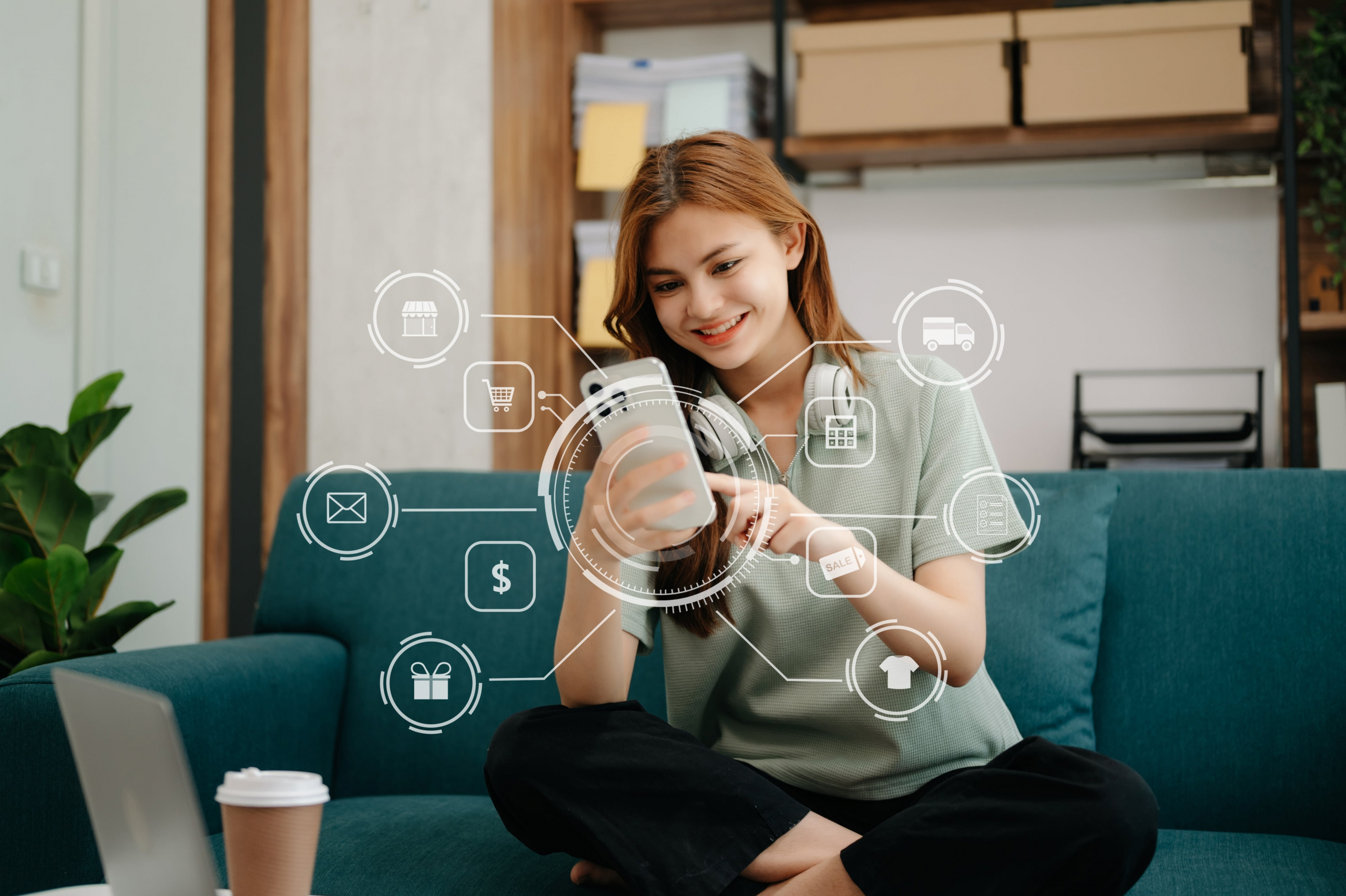 A young woman sits on her couch and smiles at her phone, happy about the customer service she is receiving. Customer service-related icons are superimposed over the scene and interconnected.