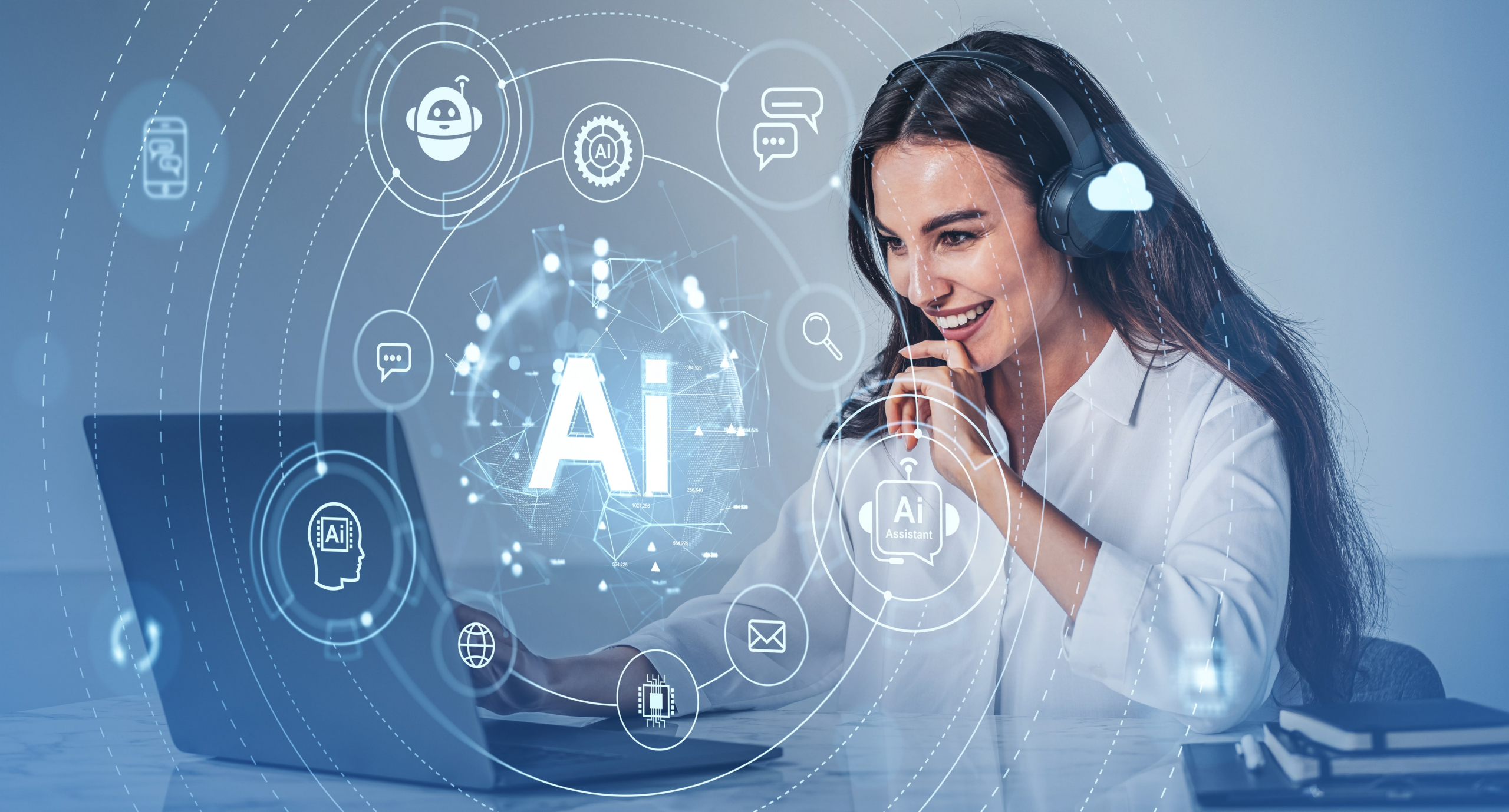 A female contact center agent using AI for a customer support call.