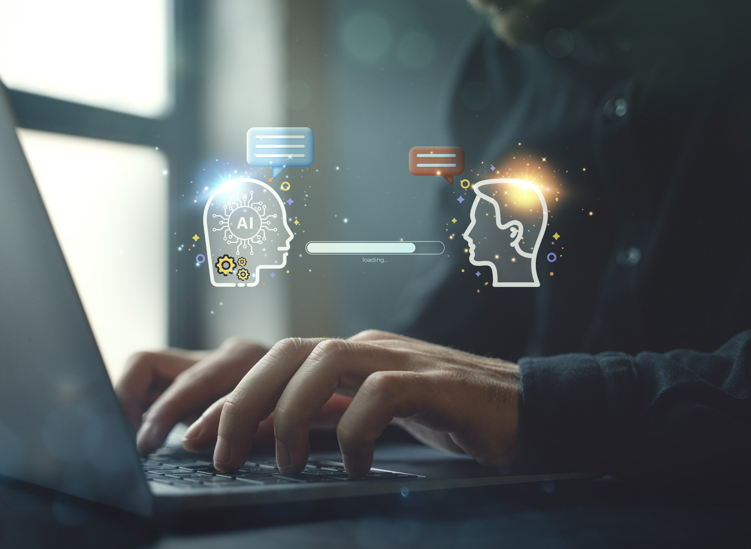 Person typing on a laptop with AI icons showing how AI helps improve customer support.