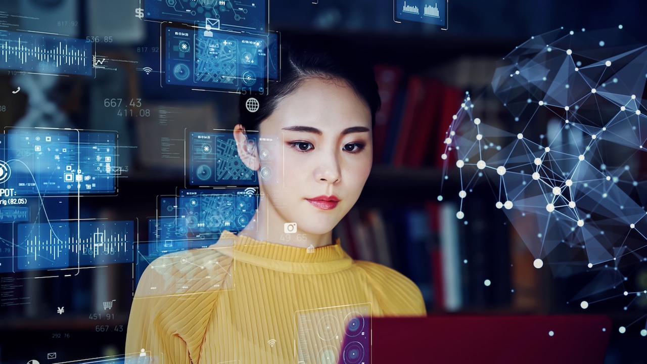 A call center agent stares at her screen, while various hologram UI elements float in front of her, illustrating her high-tech tools.
